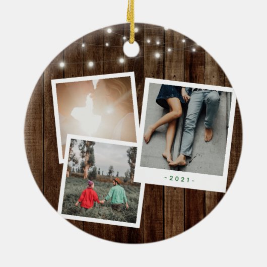Rustic First Kerstmis Mr Mrs Photo Collage Lights Keramisch Ornament (Achterkant)
