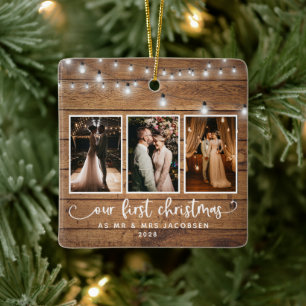 Rustic First Kerstmis Mr Mrs Photo Collage Lights Keramisch Ornament