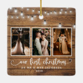 Rustic First Kerstmis Mr Mrs Photo Collage Lights Keramisch Ornament (Achterkant)