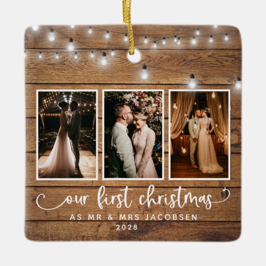 Rustic First Kerstmis Mr Mrs Photo Collage Lights Keramisch Ornament (Voorkant)