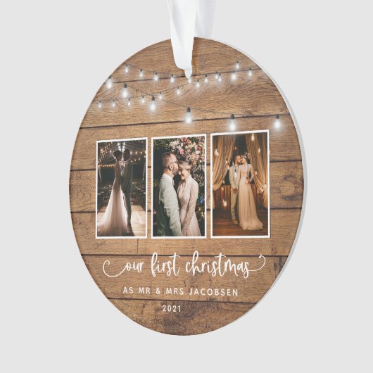 Rustic First Kerstmis Mr Mrs Photo Collage Lights Ornament (voorkant)
