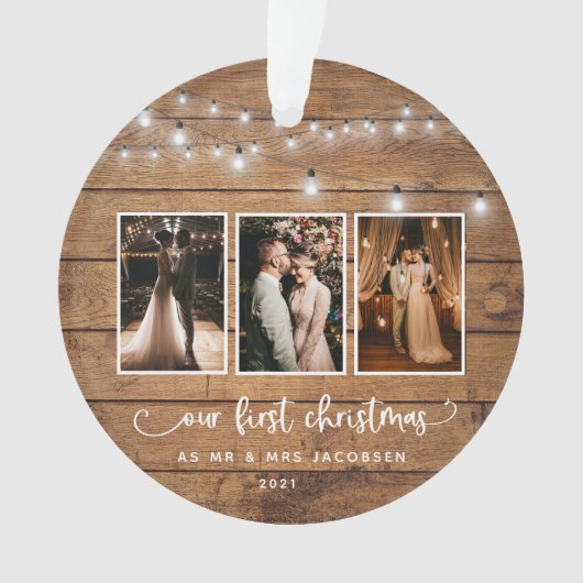 Rustic First Kerstmis Mr Mrs Photo Collage Lights Ornament (voorkant)