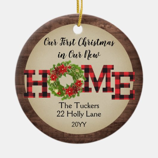 Rustic First kerststartfoto met foto van speelbal Keramisch Ornament (Voorkant)