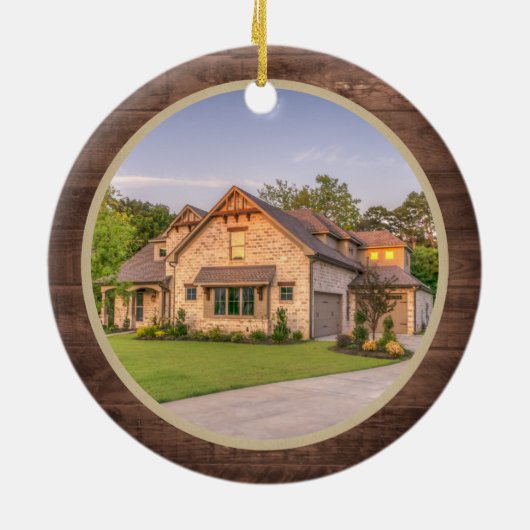 Rustic First kerststartfoto met foto van speelbal Keramisch Ornament (Achterkant)