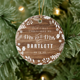 Rustic First Mr. en Mrs. Kerstfoto Keramisch Ornament
