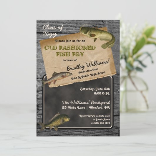Rustic Fish Fry Afstuderen Backyard Cookout Party Kaart (Staand voorkant)