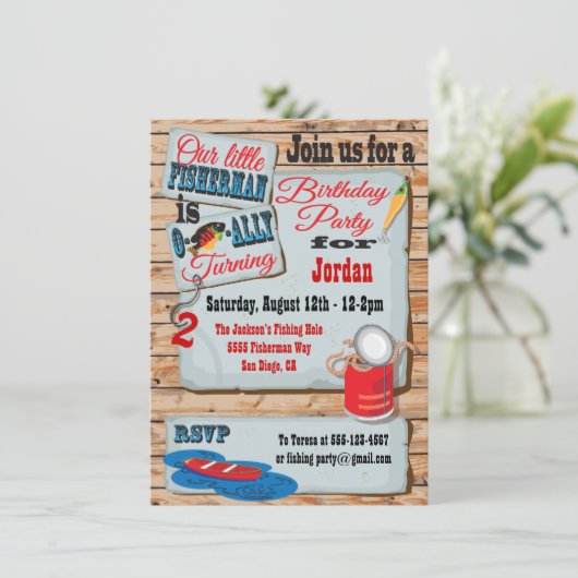 Rustic Fishing Birthday Party Invitations Kaart (Staand voorkant)