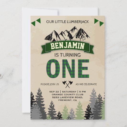 Rustic Flannel Lumberjack 1st First Birthday Party Kaart (Voorkant)