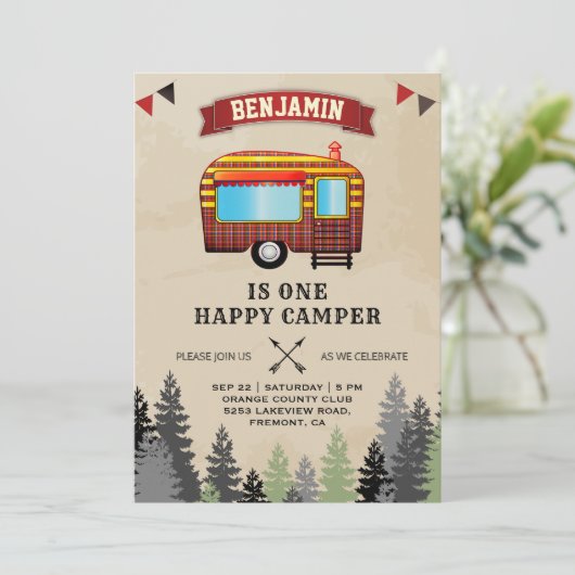 Rustic Flannel One Happy Camper 1e verjaardag Kaart (Staand voorkant)