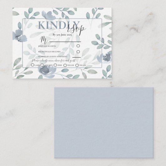 Rustic Flora Dusty Blue en Sage RSVP Wedding Informatiekaartje (Voorkant / Achterkant)
