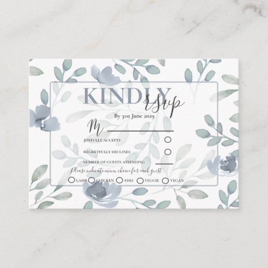 Rustic Flora Dusty Blue en Sage RSVP Wedding Informatiekaartje (Voorkant)