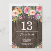 Rustic Floral 13th Birthday Invitation Kaart (Voorkant)