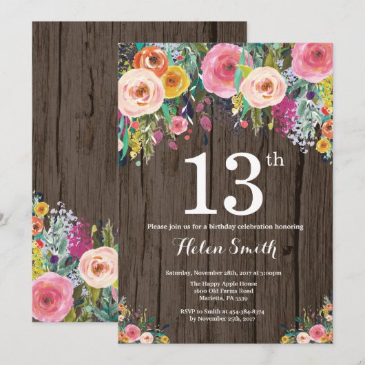 Rustic Floral 13th Birthday Invitation Kaart (Voorkant / Achterkant)