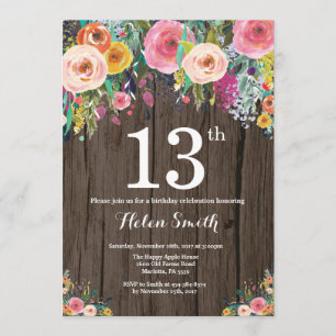 Rustic Floral 13th Birthday Invitation Kaart