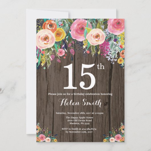 Rustic Floral 15th Birthday Invitation Kaart (Voorkant)