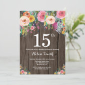 Rustic Floral 15th Birthday Invitation Kaart (Staand voorkant)