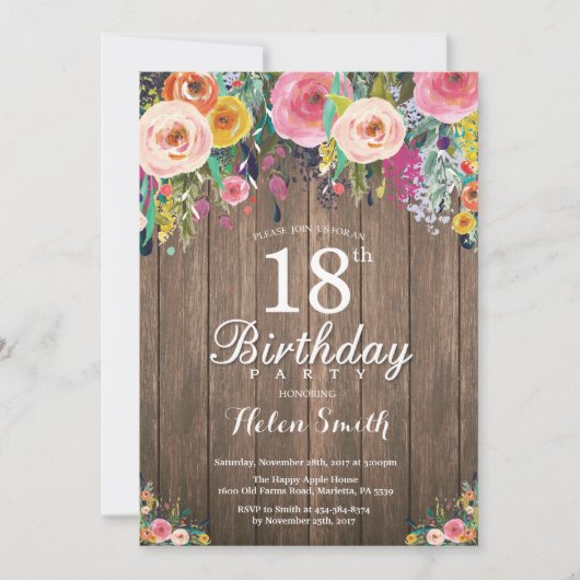 Rustic Floral 18th Birthday Invitation for Women Kaart (Voorkant)