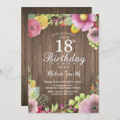 Rustic Floral 18th Birthday Invitation for Women Kaart (Voorkant / Achterkant)