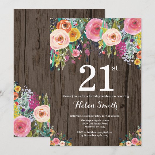 Rustic Floral 21st Birthday Uitnodiging (Voorkant / Achterkant)