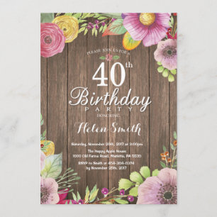 Rustic Floral 40th Birthday Invitation for Women Kaart