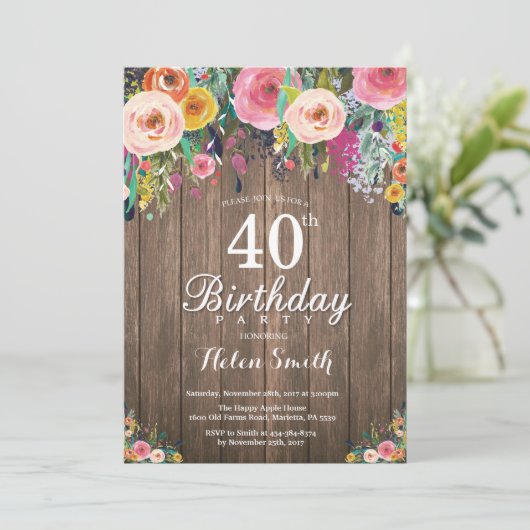 Rustic Floral 40th Birthday Invitation for Women Kaart (Staand voorkant)