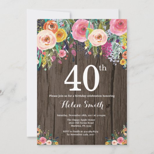 Rustic Floral 40th Birthday Invitation Kaart (Voorkant)