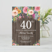 Rustic Floral 40th Birthday Invitation Kaart (Staand voorkant)