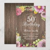 Rustic Floral 50th Birthday Invitation for Women Kaart (Voorkant / Achterkant)