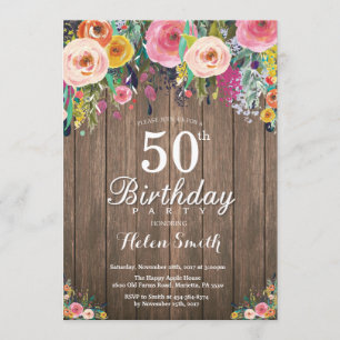 Rustic Floral 50th Birthday Invitation for Women Kaart