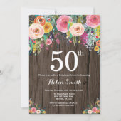 Rustic Floral 50th Birthday Invitation Kaart (Voorkant)