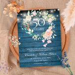 Rustic Floral 50th Jubileum sparen de Datum Aankondigingskaart<br><div class="desc">Met een delicate waterverf rozen florale groenery garland en snaarlampen op blauwe rustic wood background, kan deze chic botanical 50th bruiloft save the date card gepersonaliseerd worden met je speciale gouden verjaardagsinformatie. Op de achterzijde staat een bijpassende bloemige tuin die je jubileumdatums in elegante witte tekst op een blauwe, rustige...</div>