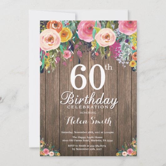 Rustic Floral 60th Birthday Invitation for Women Kaart (Voorkant)