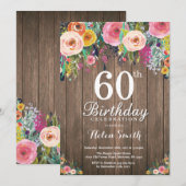 Rustic Floral 60th Birthday Invitation for Women Kaart (Voorkant / Achterkant)