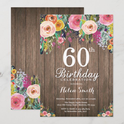 Rustic Floral 60th Birthday Invitation for Women Kaart (Voorkant / Achterkant)