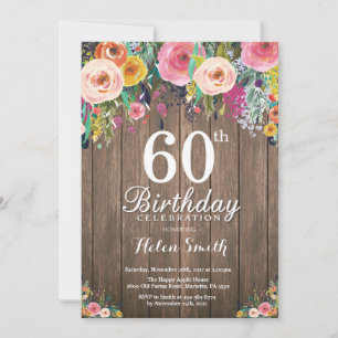 Rustic Floral 60th Birthday Invitation for Women Kaart