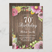 Rustic Floral 70th Birthday Invitation for Women Kaart (Voorkant / Achterkant)