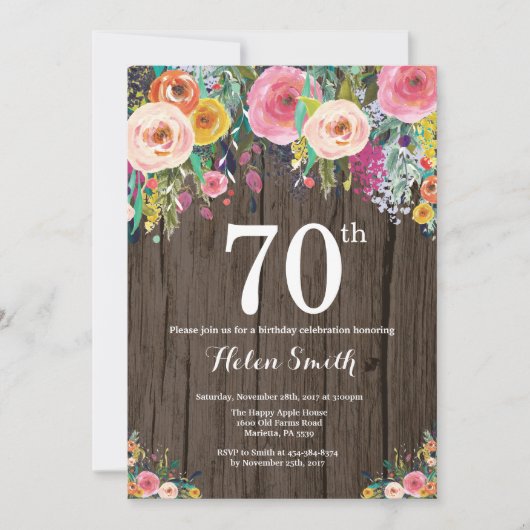 Rustic Floral 70th Birthday Invitation Kaart (Voorkant)