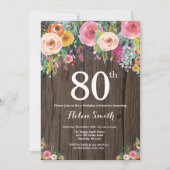 Rustic Floral 80th Birthday Invitation Kaart (Voorkant)