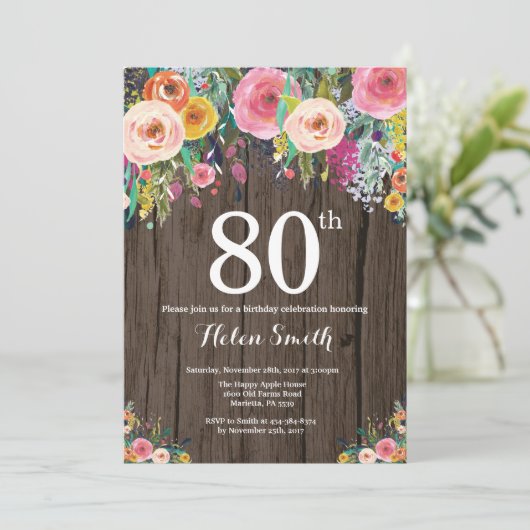 Rustic Floral 80th Birthday Invitation Kaart (Staand voorkant)