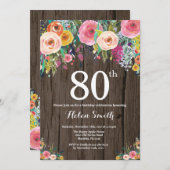 Rustic Floral 80th Birthday Invitation Kaart (Voorkant / Achterkant)