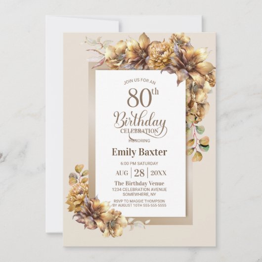 Rustic Floral 80th Birthday Party Kaart (Voorkant)