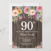 Rustic Floral 90th Birthday Invitation Kaart (Voorkant)
