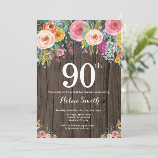Rustic Floral 90th Birthday Invitation Kaart (Staand voorkant)