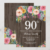 Rustic Floral 90th Birthday Invitation Kaart (Voorkant / Achterkant)
