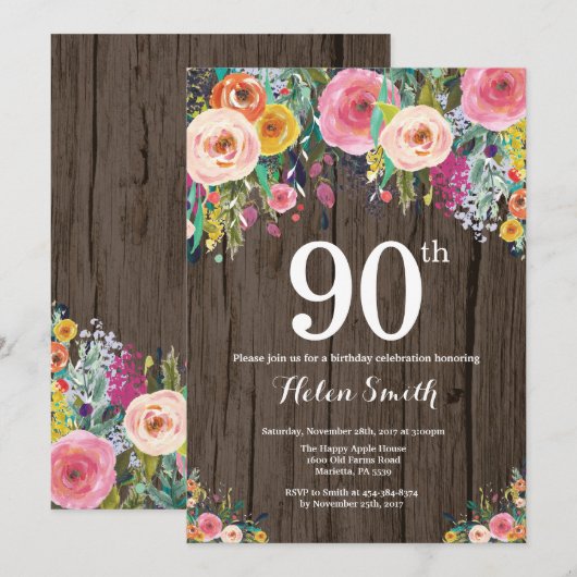Rustic Floral 90th Birthday Invitation Kaart (Voorkant / Achterkant)