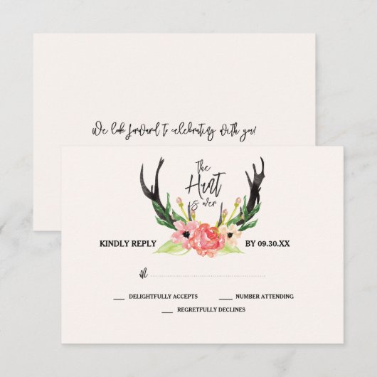 Rustic Floral Antler Hunt is over bruiloft RSVP Kaartje (Voorkant / Achterkant)