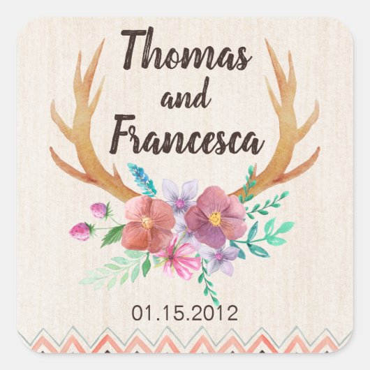 Rustic Floral Antler Wedding Sticker (Voorkant)