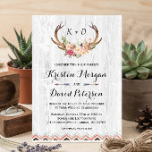 Rustic Floral Antler White Wood Boho Decor Wedding Kaart