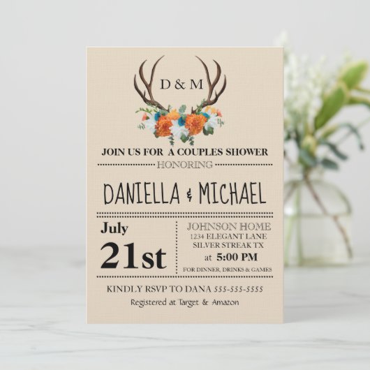 Rustic Floral Antlers BOHO Couples Shower Wedding Kaart (Staand voorkant)