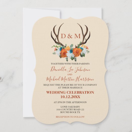 Rustic Floral Antlers BOHO Wedding Kaart (Voorkant)